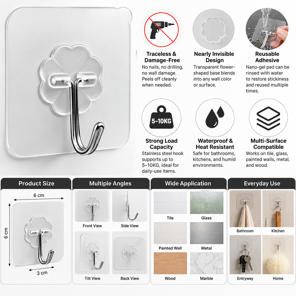 Transparent Self-Adhesive Wall Hooks